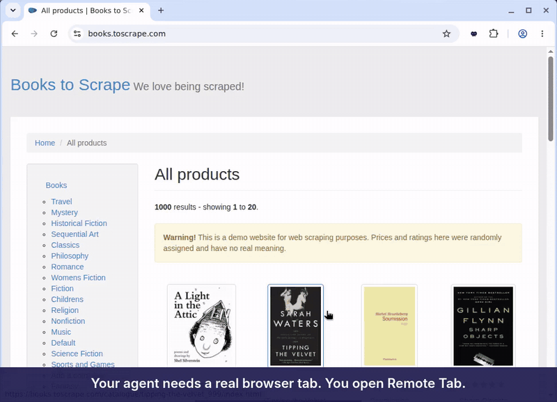 Remote Tab demo in Chrome: the user opens the Remote Tab extension on a demo bookstore site, pastes the agent's private code, limits the share to that site and starts sharing. The agent reads the page and clicks through to a book while each action appears live in the extension's recent activity. The user pauses the agent and later stops the share, and the extension opens a verified interaction summary with Download ZIP and Render GIF options.